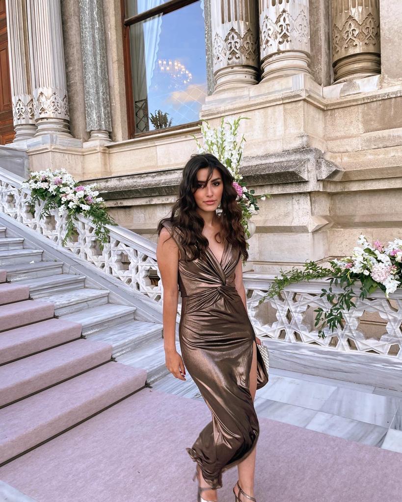 KAREN in shiny bronze midi dress